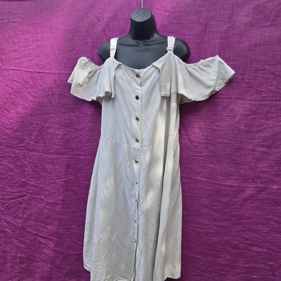 LINEN Ashley Stewart White Cold Shoulder Midi Dress - Picture 2 of 10